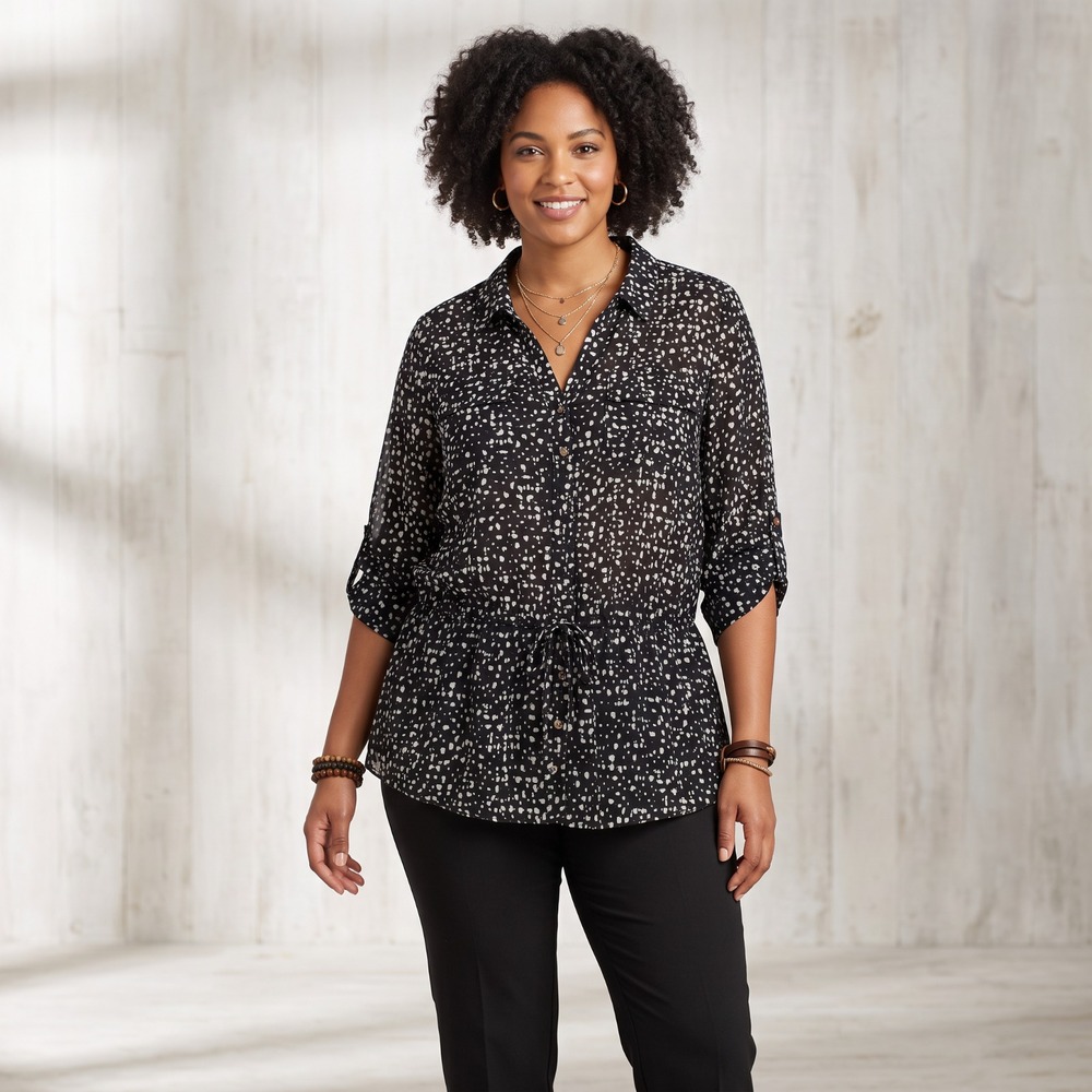 Lane Bryant Black White Abstract Chiffon Tunic Top Drawstring Office Siren 16 1X